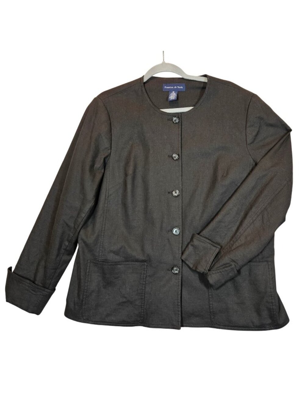 Preston & York Linen Blazer Womens 16 Black flip cuff collarless button career
